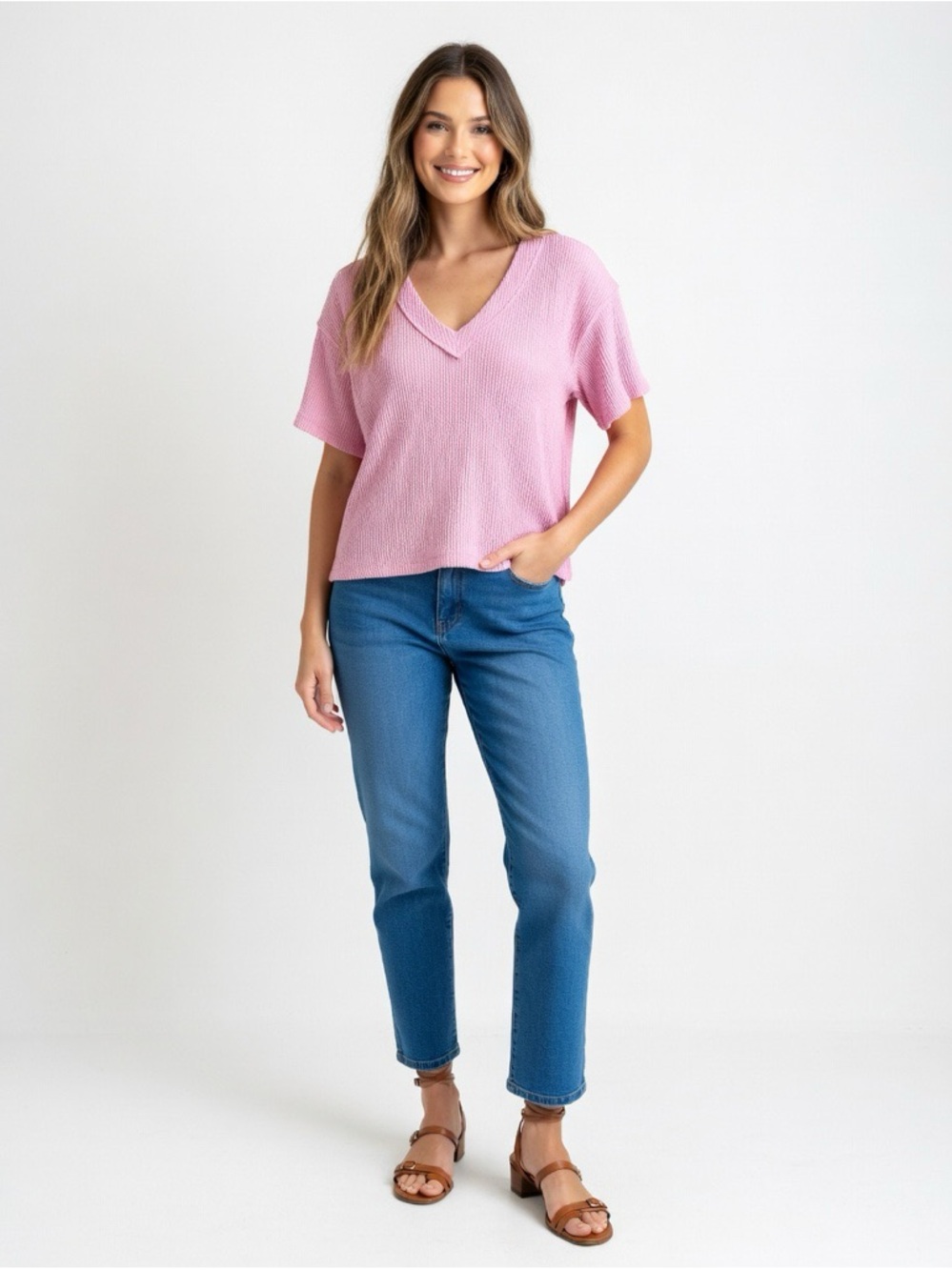 Altar’d State Bubblegum Pink Ribbed V-Neck Top – Size XS
